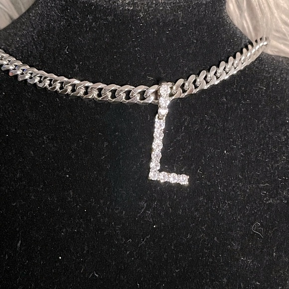 FASHION JEWELRY SILVER LETTER NECKLACE WOMEN STAINLESS STEEL RHINESTONE PENDANT - Picture 6 of 10